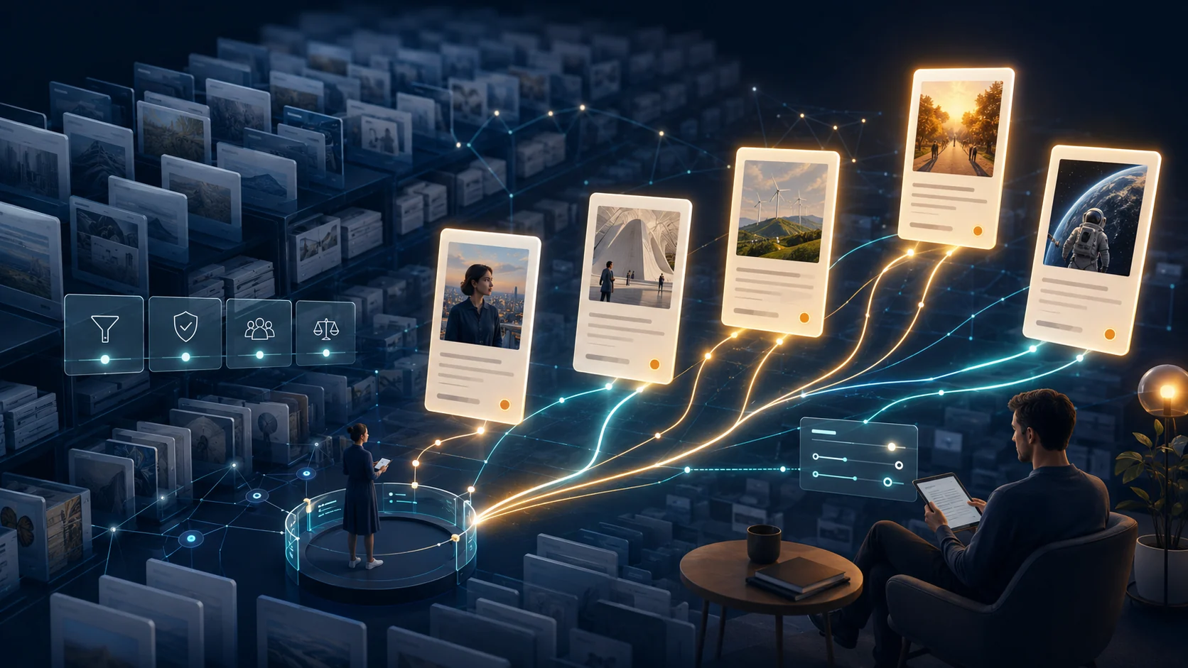 Illustration of a recommender system selecting and ranking articles from a large publisher content archive