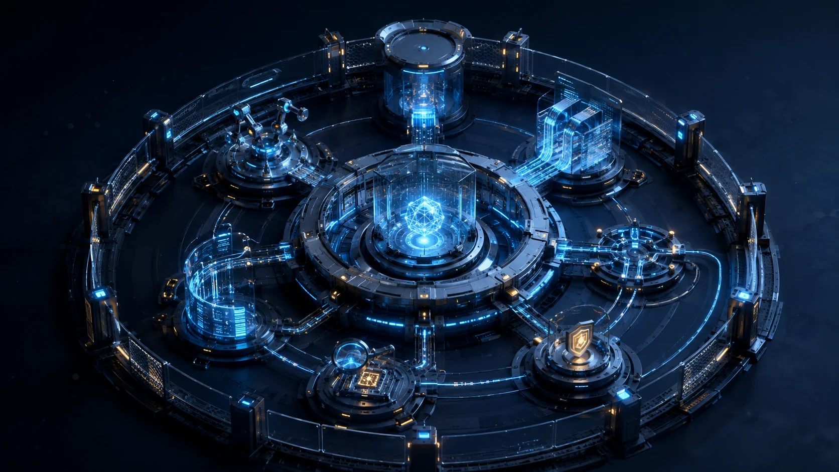 Illustration of a central AI agent harness connected to tools, data, evaluation, and security systems