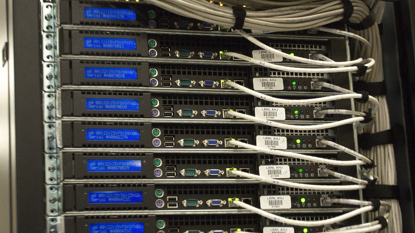 Rear connections, white cables and blue status displays on rack-mounted servers at NERSC.
